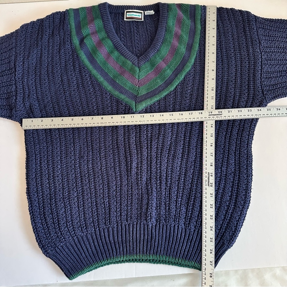 Vintage Weekends Navy Sweater XL V-Neck Striped Trim Ramie Cotton Preppy Retro - Picture 6 of 7
